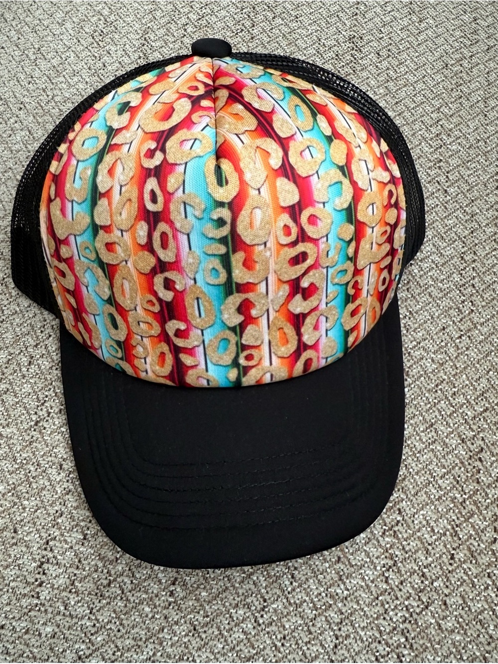 Colorful Leopard Stripe Mesh Trucker Baseball Cap - Black Brim Adjustable